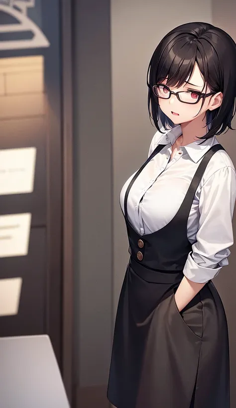 Busty mature woman wearing glasses、Mother、Plain short black hair、A blouse with the buttons undone and a skirt so short that her underwear is visible、Family restaurant、sit facing each other in a box seat、When asked an embarrassing request, her eyes widen in...