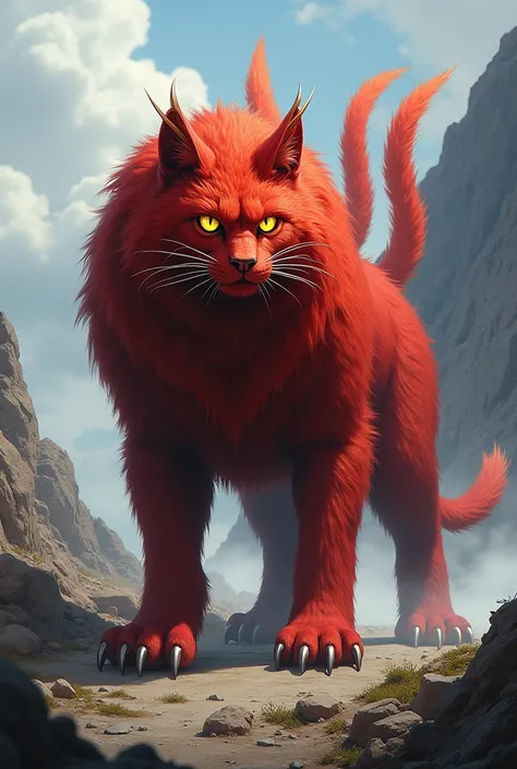 Red mountain cat, 3 tails, hairy, ready to fight, yellow flame , long nails