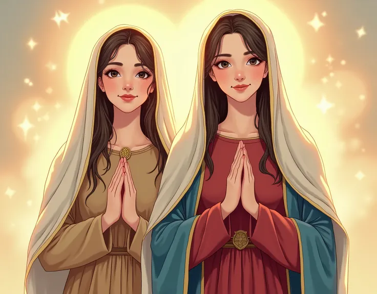 manhwa, Two stunningly beautiful Virgin Marys, ((They stand a little apart)), ((Smiling sweetly and looking at the camera)), Both are wearing red and beige tunics, Blue Coat, White Veil, Golden Aura, On the left is Maria as a teenager, On the right is Mari...