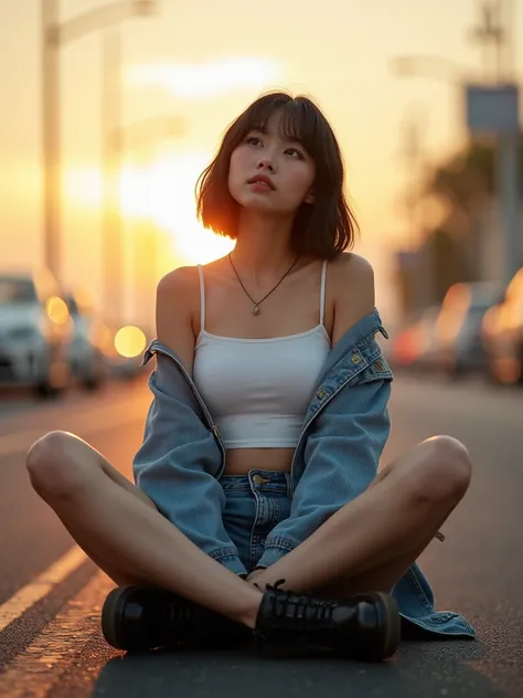 from below, Japanese woman, face zoom,  pretty face, bob hair, background blur, background is future road, motion blur, chromatic aberration, knee high, upward glance, motion blur, Photo_Curly, real,  White tank top, denim jacket,  denim short pants, Dr.Ma...