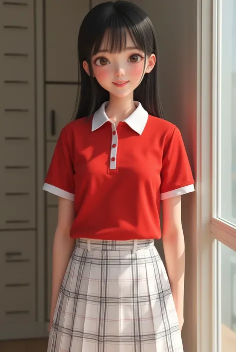 Girl in school uniforms Red polo shirt White collar White plaid skirt similar to the design