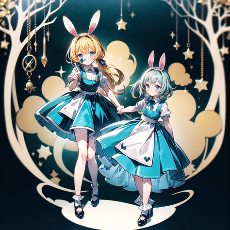 Perfect Anatomy、The best composition、Golden Ratio、(Official Art、Highest quality、Unity 8k wallpaper、32K、masterpiece、Ultra-detailed、Ultra-high resolution)、Fantastic、((Alice in Wonderland))、Blonde、Tie your hair with a ribbon、Blue colored eyes、Blue Apron Dress...