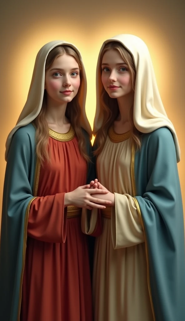 photorealistic, raw photo, Two stunningly beautiful Virgin Marys, ((They stand a little apart)), ((Smiling sweetly and looking at the camera)), Both are wearing red and beige tunics, Blue Coat, White Veil, Golden Aura, On the left is Maria as a teenager, O...