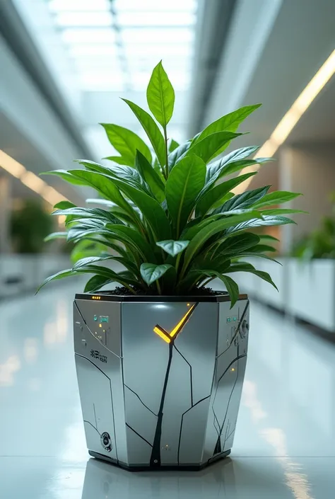 hypothetical smart plant pot with ai sensors


that looks robotic from the 2099 year