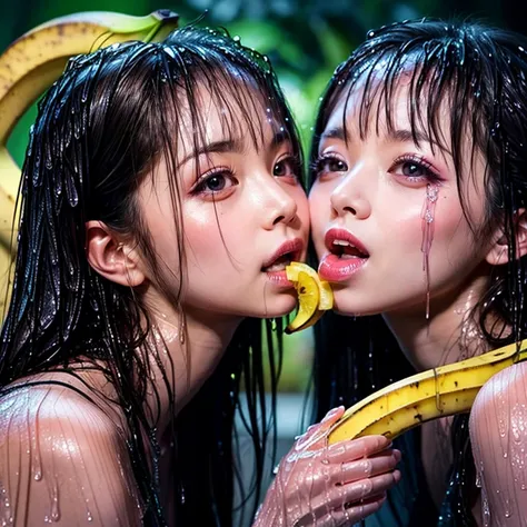 2 beautiful NOGIZAKA GIRLS, detailed portrait with extremely detailed features, (wet open lips licking and deep sucking Hard a banana:1.6), dynamic and joyful expressions LifeLike Rendering, professional photorealistic hyperdetailed (TopQuality 8k masterpi...