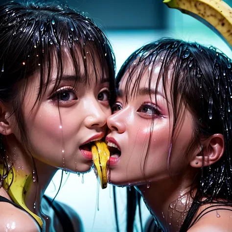 2 beautiful NOGIZAKA GIRLS, detailed portrait with extremely detailed features, (wet open lips licking and deep sucking Hard a banana:1.6), dynamic and joyful expressions LifeLike Rendering, professional photorealistic hyperdetailed (TopQuality 8k masterpi...