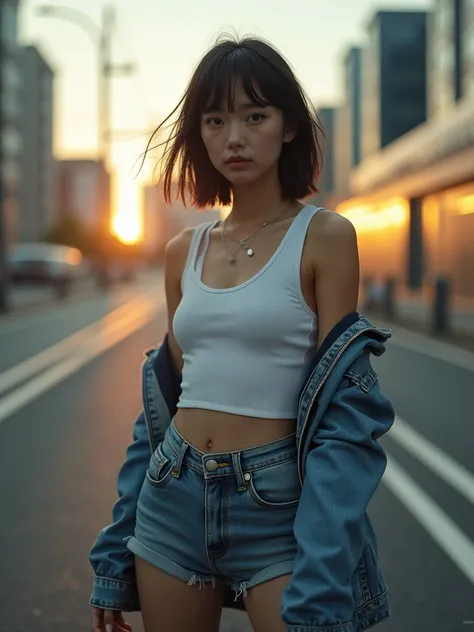 from below, Japanese woman, face zoom,  pretty face, bob hair, background blur, background is future road, motion blur, chromatic aberration, knee high, upward glance, motion blur, Photo_Curly, real,  White tank top, denim jacket,  denim short pants, Dr.Ma...