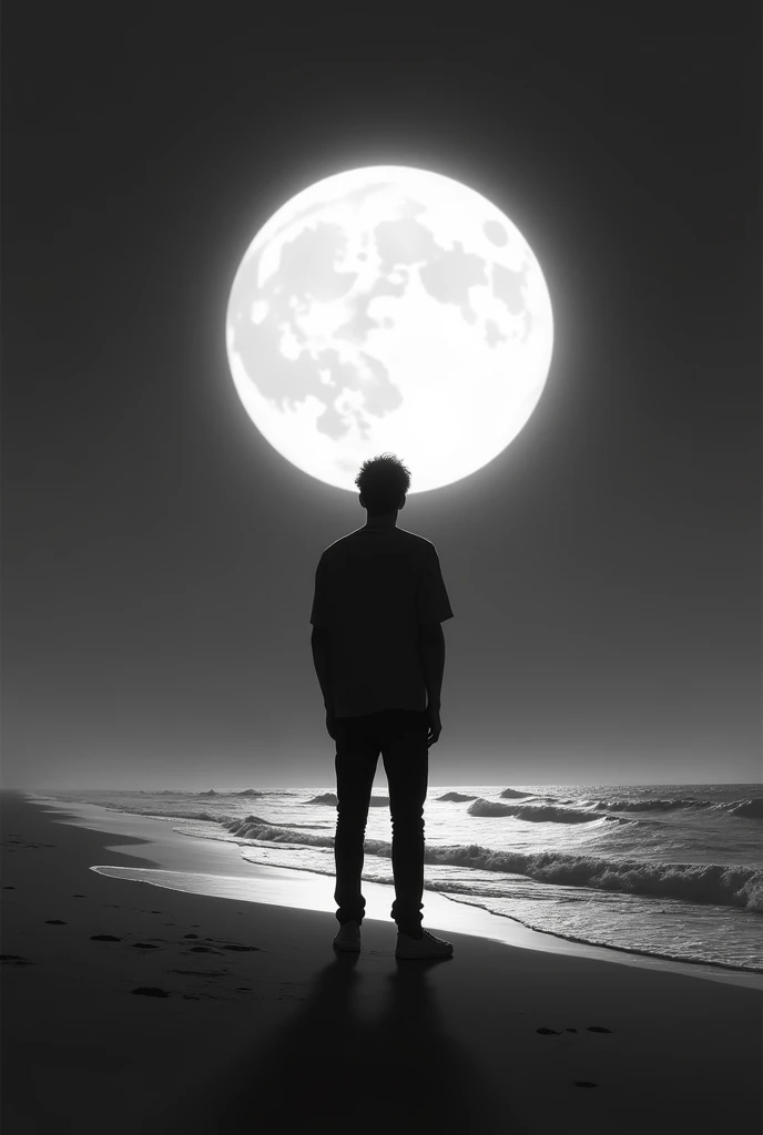 A man looking at moon alone in beach in black and white colour 