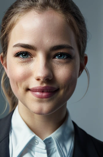 (masterpiece), smiling girl, light blue collared shirt, HDR, highly detailed, 32k, black background, photorealistic, beautiful detailed eyes, beautiful detailed lips, extremely detailed face, long eyelashes, intricate, epiphotography, 