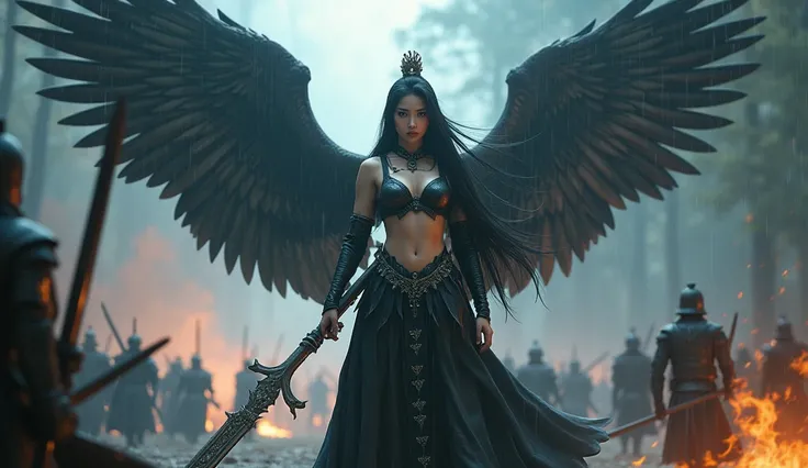 A fantasy scene featuring a fierce and ethereal Korean female warrior in a battlefield. she has big breast size 4. She has long black hair and wears dark, intricate bra armor that partially exposes her midriff, emphasizing a mystical, otherworldly appearan...