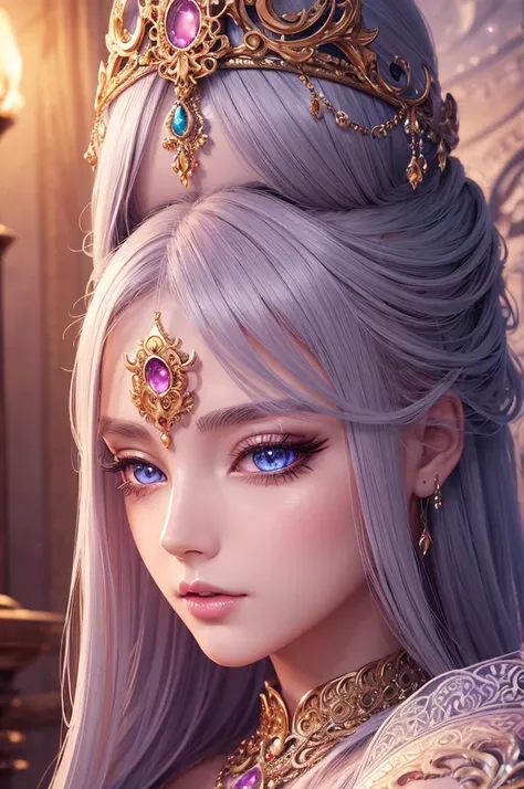 detailed goddess fantasy anime character, beautiful detailed eyes, beautiful detailed lips, extremely detailed face and features, long eyelashes, flowing hair, ornate jewelry, intricate clothing, fantasy landscape background, cinematic lighting, dramatic c...