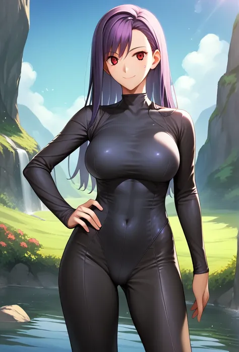 Score_9, Score_8_up, Score_7_up, One girl,Red eyes,smile,Purple long hair, Hirokazu Koyama ,The background is the night sky,Cowboy Shot,Sweaty,sexy,Pixel Perfect,Large Breasts,Anatomically correct, masterpiece, Very detailed, smile, Wearing a tight-fitting...