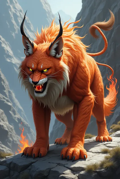 Red mountain lynx, 3 tails, hairy, ready to fight, yellow flame , long nails, with fangs and horns on the back