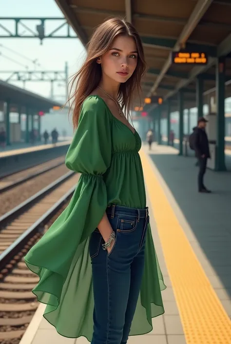 A girl with green dress and dark blue Jeans standing on railway station 