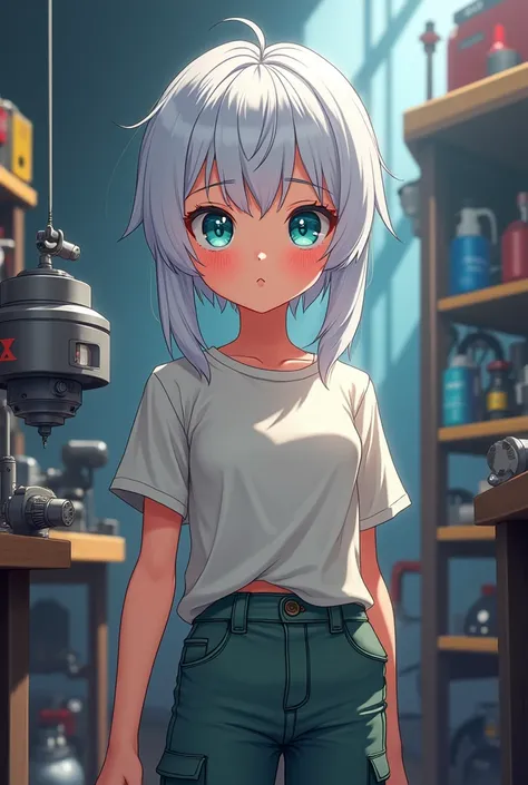 Human Girl with a mechanics job, white hair and light blue eyes; wearing casual clothe with anime style.