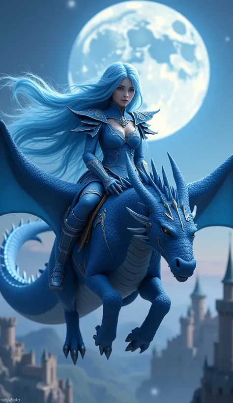 A female warrior with long blue hair、Ride the Blue Dragon、Flying towards the castle in the sky、The background is a fantastic night、There is a big pale moon、Long blue hair、It shines fantastically。Blue armor with white patterns、High resolution shining in the...