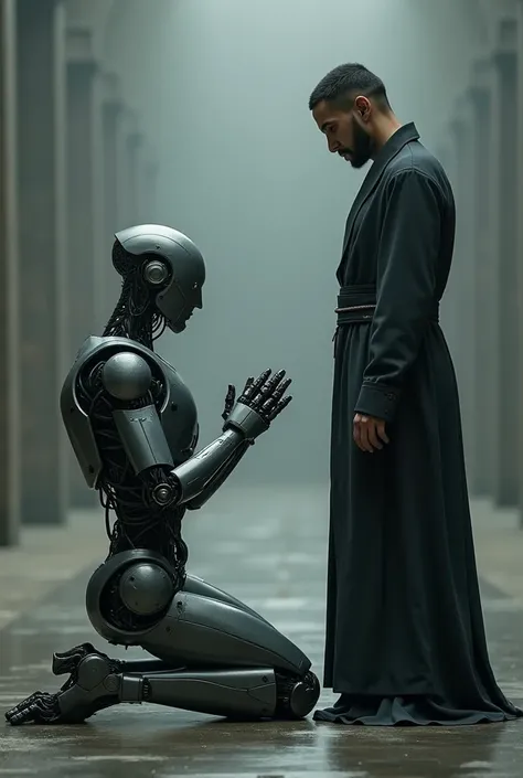 (robot prays to man. 32k--916-ar) professional photography of the highest quality, beautiful face shape, perfect anatomy, expressive look, dark sci-fi work, minimalism. (robot prays to man. full length, wide angle, centered, no cropping) - ar 916 --ar 916 ...