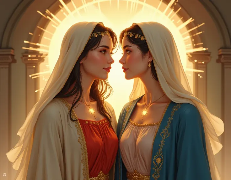 sensual manhwa, Two stunningly beautiful Virgin Marys, ((They stand a little apart)), ((Smiling sweetly and looking at the camera)), Both are wearing red and beige tunics, Blue Coat, White Veil, Golden Aura, On the left is Maria as a teenager, On the right...