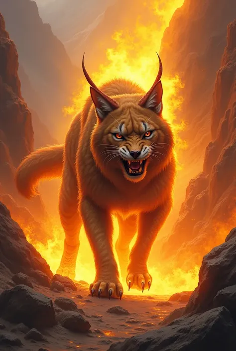 Red mountain lynx, 3 tails, hairy, ready to fight, yellow flame from body , long nails, with fangs and horns on the back