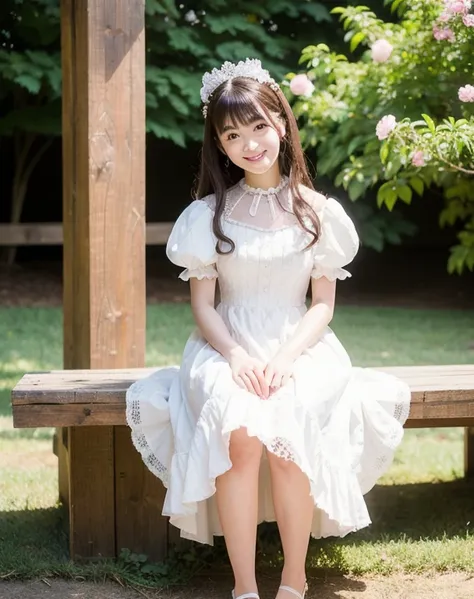 A beautiful woman over the age of 18 who looks like Kanna Hashimoto, wearing a white frilled dress with delicate lace and a cute hair ornament. A full body shot with her long dark brown hair styled elegantly and a shy smile in the soft sunlight.