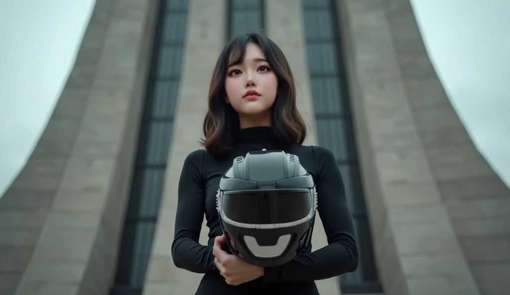 Korean 1 girl wearing black top standing holding a bat themed black power Ranger helmet standing in front of a large building brave view