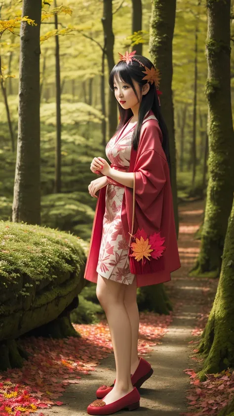 A beautiful sexy girl is wearing pink leaves and red slippers ,stand green forest 