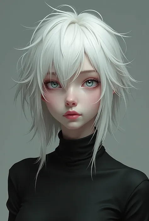 A pale and slender realistic woman of average height. She has white hair styled in a messy, tousled fashion with uneven, jagged layers, and some strands sticking out in different directions. Her bangs are long, slightly separated, framing her face but not ...