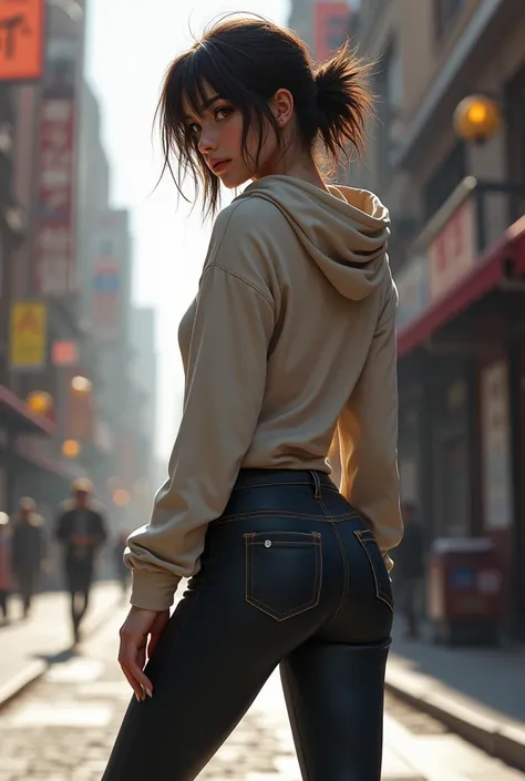 (masterpiece, best quality, hires, high resolution:1.2), extremely detailed, realistic, intricate details, highres, 1girl, solo, Full body shot,casual shirt with a hoodie and leggings, fit ass, Big ass, city street, messy medium hair, slim body, view from ...