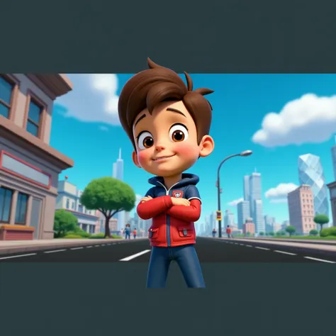 create Photo of human Boy version Ryder from Paw Patrol with all references from Paw Patrol Cartoon from Nick Jr series Full body with hair references without a cap with jacket renferences in city