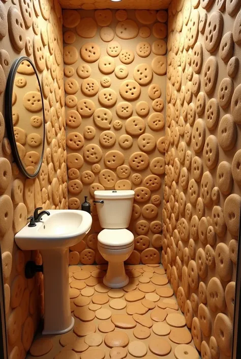 Une salle de bain vide entièrement faite de cookies, 
Even the sinks, toilets and walls are made entirely of cookies.