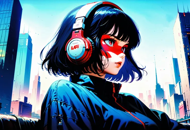 ((Best Quality)),(masterpiece)),(detailed),(Realistic),80s Anime、Wide angle shooting、Long-distance shot、Ghibli style、Lo-fi art style、Nostalgic、Cityscape at dusk、Woman sitting and listening to music、The girl is wearing headphones and has her eyes closed、Bea...