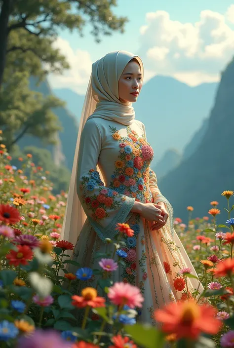 A muslim Vietnamese woman with loose hijab, wearing a dress made of flowers, under her feet and behind her is a forest of blooming flowers, with all kinds of flowers in many colors, each flower is blue, red, yellow, green, purple, with sunlight shining thr...