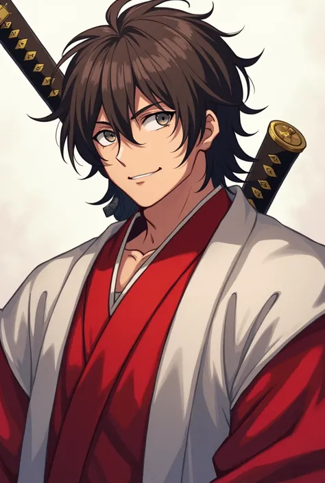 Boy 1, muscular. Dressed in a red and white haori. There is a katana on my back. Brown hair falling on shoulders, gray eyes. Faintly smiling anime style