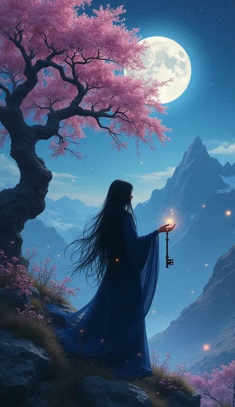 work of art, Best quality, night, mountain, take the key, long black hair, Lion, Firefly, Stars, Mysterious cherry tree, pink leaves, high quality, beautiful graphics, high detail