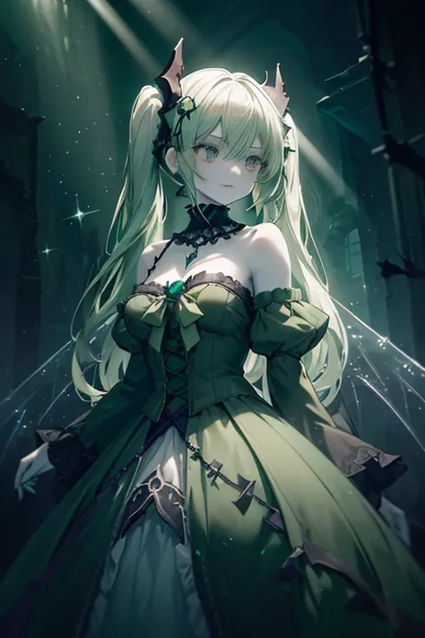 semi-realistic, anime-style girl, realistic shading, digital painting, stylized character, (necromancer girl:1.2), Blindfolded with a bandage, twintails, shiny thin blonde hair, wearing an antique dress with intricate frills, adorned with skull and bone ac...