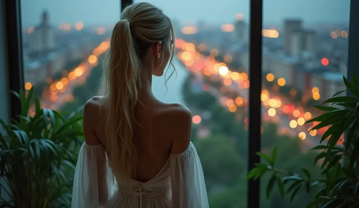 ((Best Quality)), ((masterpiece)), (detailed), One girl, sexy, Russian Girls, Long blonde ponytail, She is wearing a sheer white silk dress., I can only see your back, whole body, View the night view, View the night view from the bath High-rise apartment b...