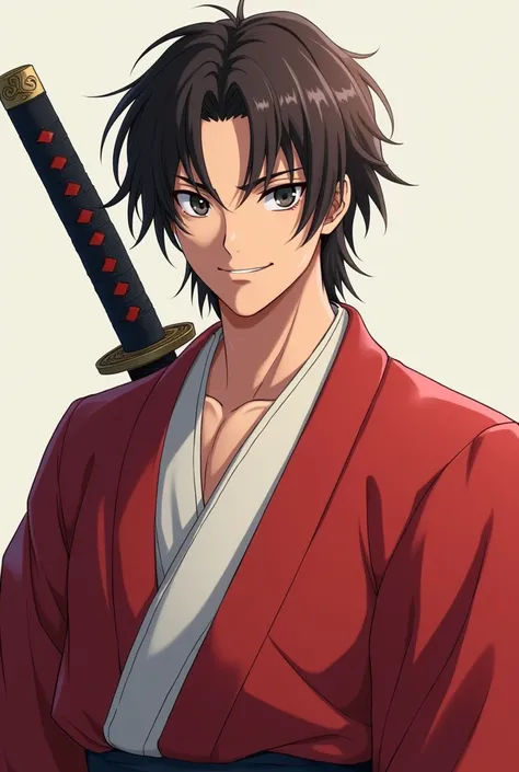 Boy 1, muscular. Dressed in a red and white haori. There is a katana on my back. Brown hair falling on shoulders, gray eyes. Faintly smiling anime style