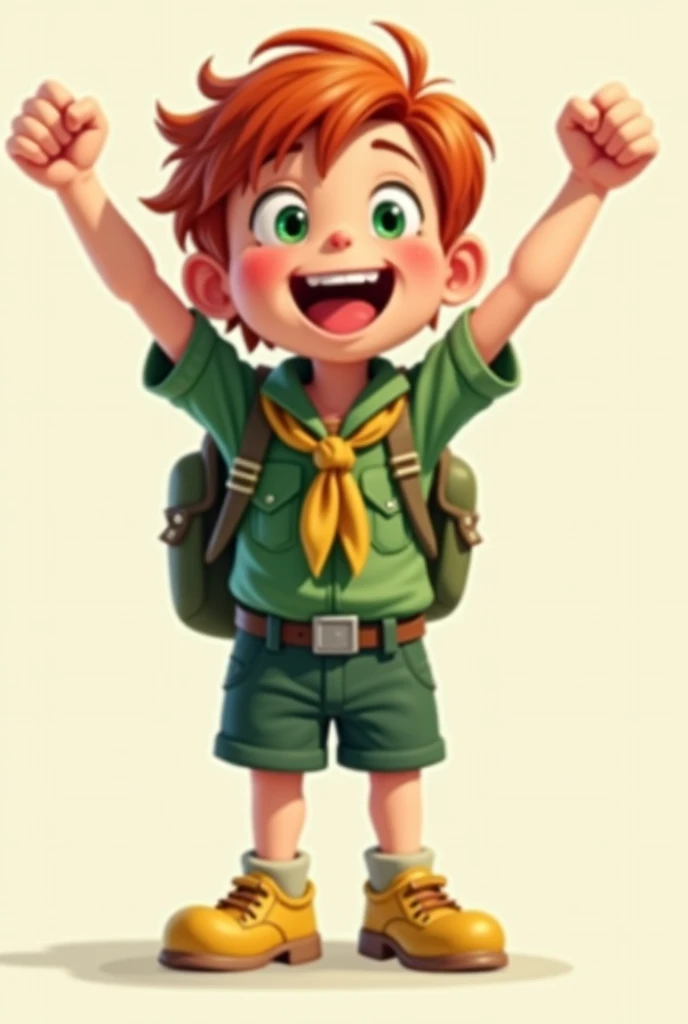 Young boy, reddish hair,green scout clothes, green backpack, yellow shoes, green eyes, no background, happy after winning, less realistic 