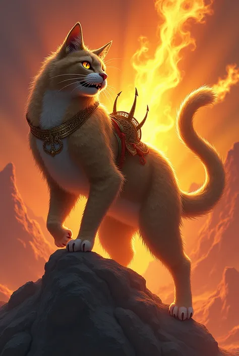 Red mountain cat, 3 tails, hairy, ready to fight, yellow flame from body , long nails, with fangs and horns on the back, royal neckless and seddle