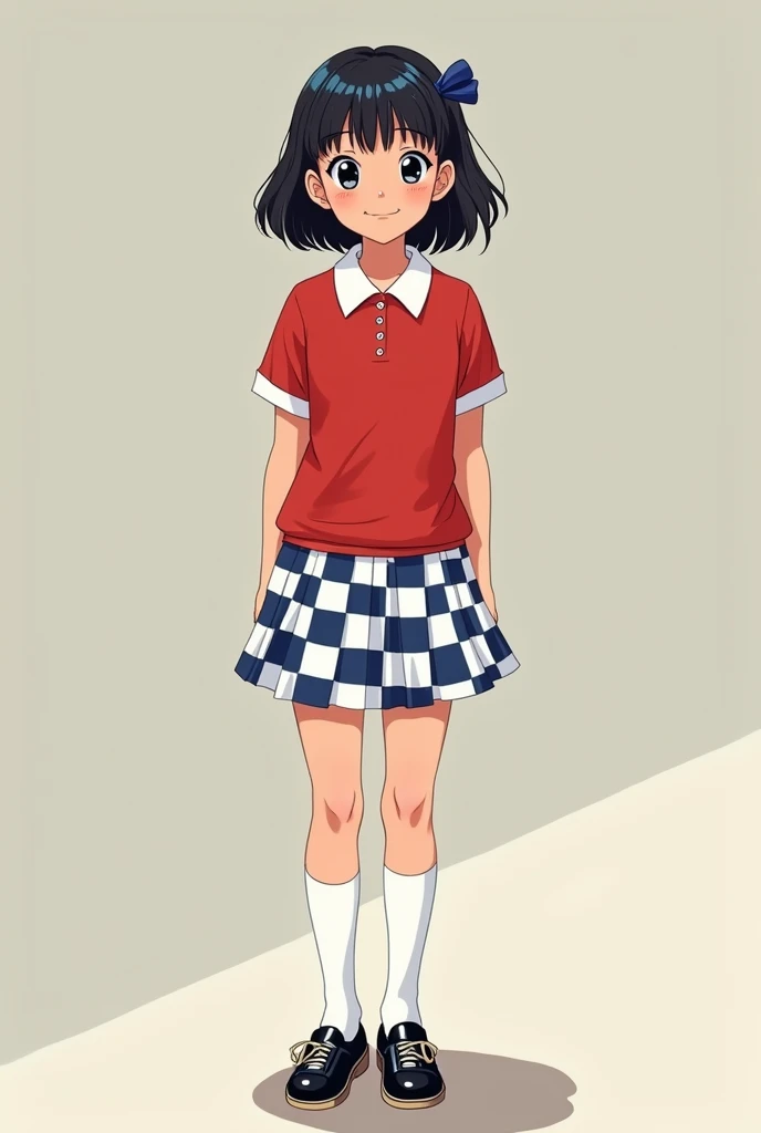 Girl in school uniform Red polo shirt with white collar and sleeve cuffs with white checkered skirt with blue lines and small grey and white checks Knee-length White stockings Black 80s cartoon style shoes