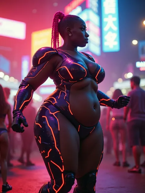 circumference of lower extremities far exceeds 200 inches hips, Woman with dark skin melanin complexion wildly dancing while she is wearing neon mecha bodysuit, Womanly: impossibly small: tiny waist abs waistline chest stomack, with the worlds 🌎 largest bu...