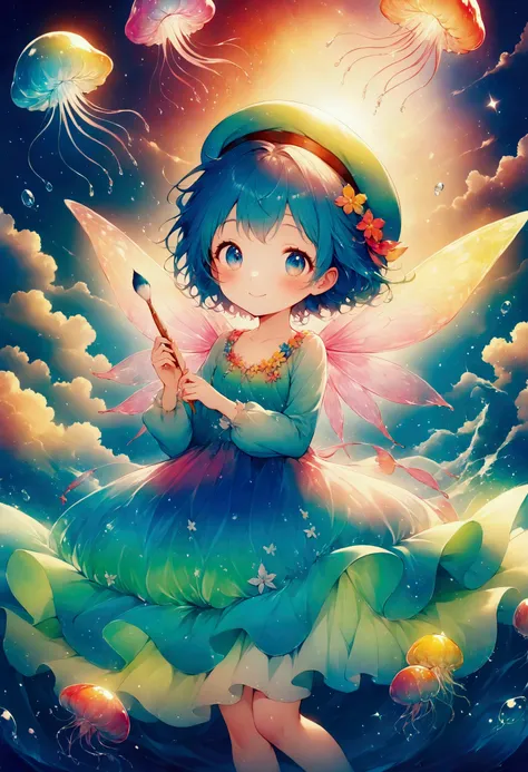 A small sea fairy with a transparent blue body resembling a water droplet, delicate jellyfish-like wings on its back, and a stylish artists beret on its head. The fairy is holding a paintbrush in its hand, flying through the air, and using the waves and wi...