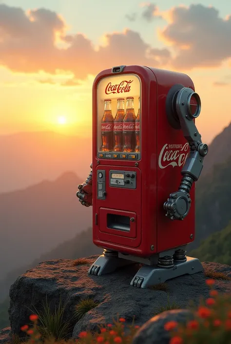 Vending machines have Japanese arms and two legs., robot  ，antique，Coca-Cola vending machine，Sunrise at the top of the mountain,８K-Photo,ビンのコカ・コーラを飲む