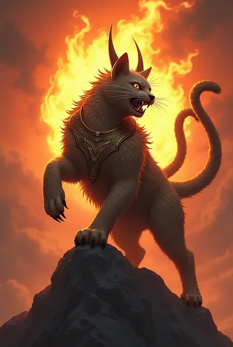 Red mountain cat, 3 tails, hairy, ready to fight, yellow flame from body , long nails, with fangs and horns on the back, royal neckless and seddle