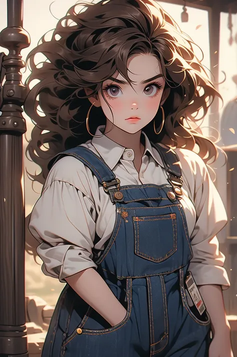 dwarf girl, jeans overalls, holding a wench, brown hair, dark eyes, angry