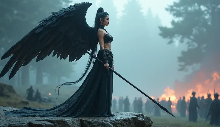 A fantasy scene featuring a fierce and ethereal Korean female warrior in a battlefield. she stand on a big rock. she has big breast size 4. She has long black hair and wears dark intricate bra armor that partially exposes her midriff, emphasizing a mystica...