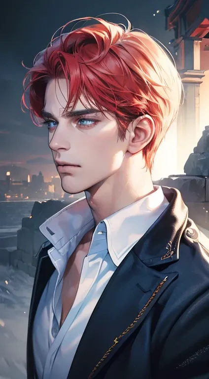 (best quality, masterpiece, 8K, photorealistic, cinematic lighting, 1:4 hdr image, ultra detailed, beautiful image), a mature man, 34 years very handsome, ((cold expression)), short red hair, blue eyes, face perfect without mistakes, ((buttoning his jacket...