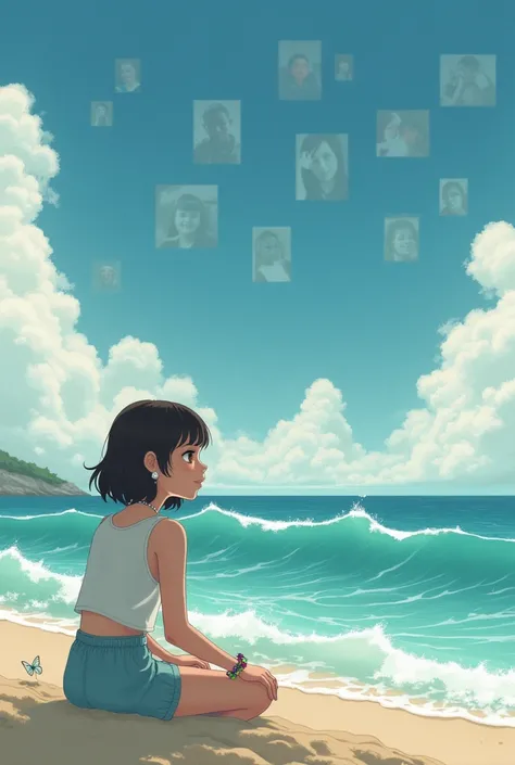 a picture that there was a girl that seated at the sand looking at the ocean make it a 9×16 picture but put the girl a the the left lower part and above the ocean is the sky that there has a lot of picture of a girl, it was more like her memories all kinds...