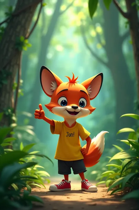 "A cartoon fox named Chandhu, with a round face and large expressive eyes, wearing a yellow t-shirt, black shorts, and red sneakers, stands excitedly at the edge of a dense, green jungle. He is pointing forward with a confident grin, ready to begin his adv...