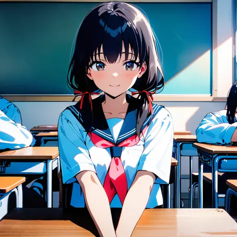 High resolution, 8k, best quality, masterpiece, ultra detailed, anatomically correct, anime,
(1 girl sitting in a chair:1.5), (bent over:1.2), (arms on desk:1.5), (desk in front:1.5),
She has very long low twintails with red ribbon, very long low pigtails,...